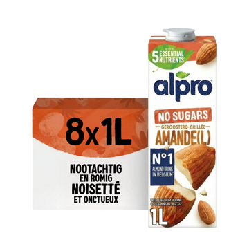 ALPRO Boisson Amande Grillée Sans Sucre 8x1L – 100% végétale, goût intense et sans sucres
